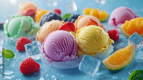 Various color scopes of ice cream with fruits on a blue background.