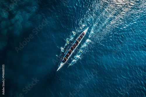 An aerial drone shot of a rowing team on the ocean, capturing the beauty and power of teamwork. The boat glides across the deep blue water, showcasing the athletes' synchronized movements as they row 
