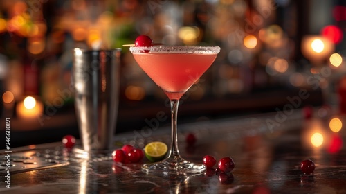 A vibrant cocktail with cherries and lime garnished on a bar top during an evening gathering at a trendy venue