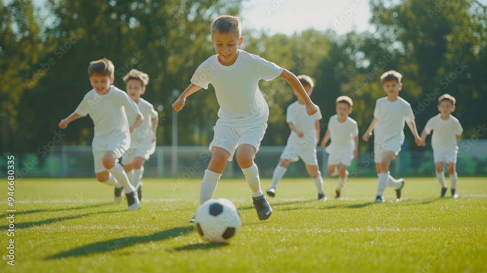 Obraz premium Young male soccer player dribbling the ball on a lush soccer field with his teammates giving chase