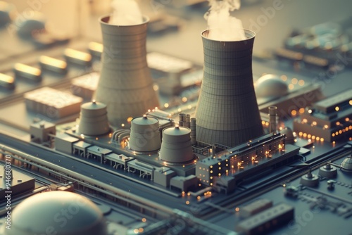 3D rendering of a nuclear power plant with cooling towers and reactors in a miniature isometric view.  Generative AI
