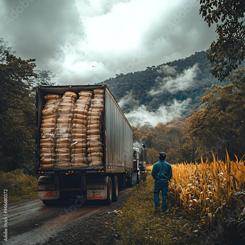 A truck loaded with sacks on a rural road surrounded by lush greenery and mountains. photo