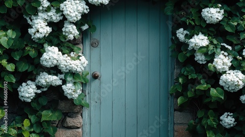 A blue wooden door framed by dense, white flowering plants, creating a picturesque and inviting entryway filled with greenery and natural charm in a rustic setting. photo