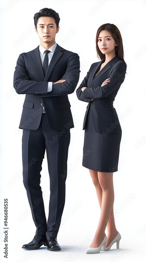 Male and female professional stand with arms crossed, exuding confidence and professionalism Male and female professional stand with arms crossed, exuding confidence and professionalism