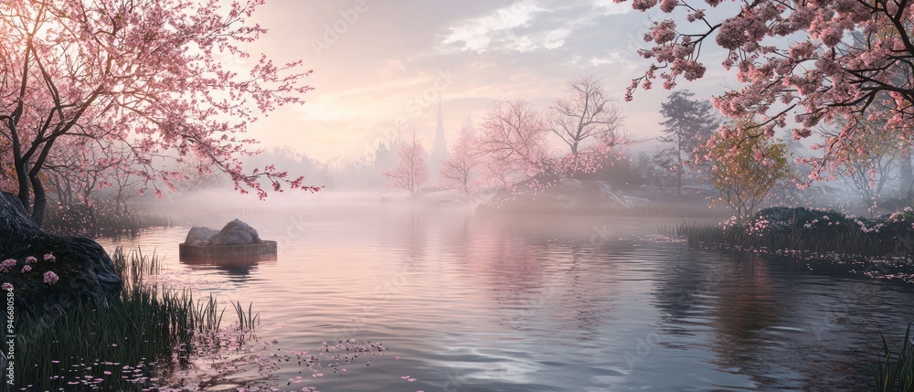 Fototapeta premium Tranquil Misty Lake with Pink Cherry Blossoms and Distant Towers