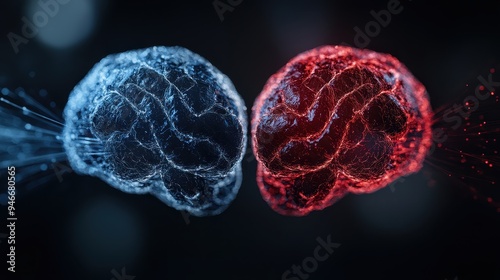 Two digitally rendered brains, one in blue and the other in red, facing each other against a dark background, symbolizing a dynamic contrast of thoughts and ideas in a modern style.