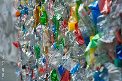 Crumpled colorful plastic bottles compressed together. Close-up shot of recycled materials. Environmental conservation and waste management concept. Generative AI