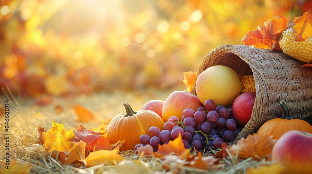 custom made wallpaper toronto digitalA vibrant autumn harvest scene with a cornucopia filled with pumpkins, apples, grapes, and corn, overflowing onto a bed of hay, soft sunlight filtering through golden leaves in the background