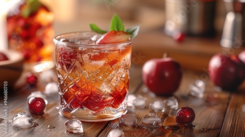 Refreshing cocktail in a glass with fresh fruit garnishments on a rustic wooden table in a cozy setting photo