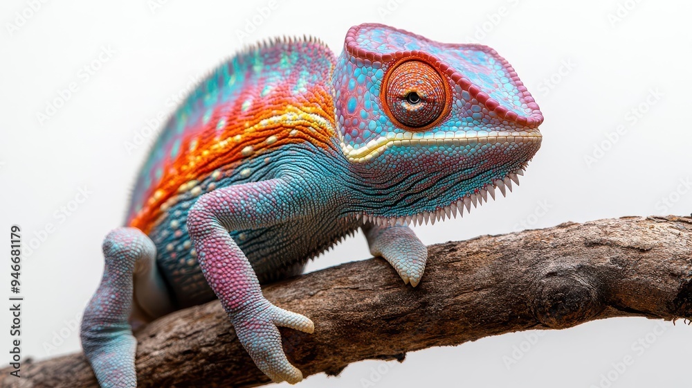 Fototapeta premium closeup portrait of a vibrant chameleon perched on a branch its textured skin displaying a kaleidoscope of colors against a crisp white background