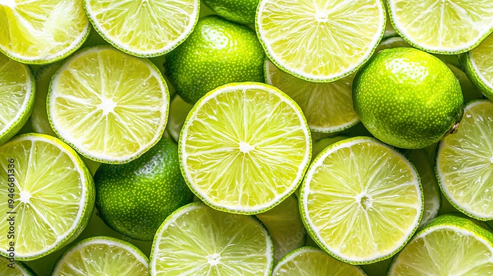 A pile of halved limes with one fully cut in half A pile of halved limes with one fully cut in half