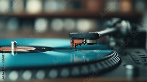 A detailed shot of a turntable needle delicately touching a spinning blue vinyl record, capturing the essence of timeless music experience and high fidelity sound. photo