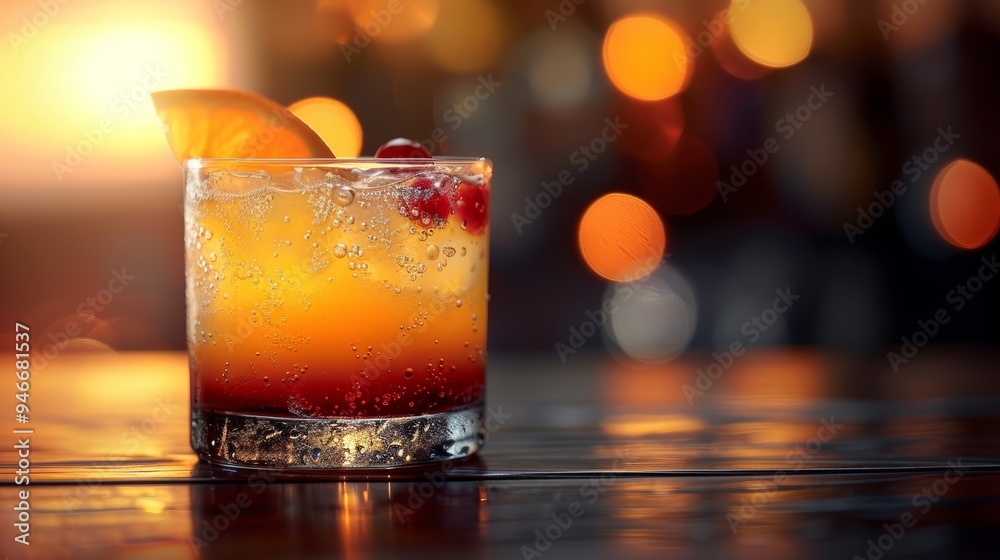 A vibrant cocktail garnished with cherry and orange slice on a bar during sunset, creating a warm and inviting atmosphere A vibrant cocktail garnished with cherry and orange slice on a bar during sunset, creating a warm and inviting atmosphere