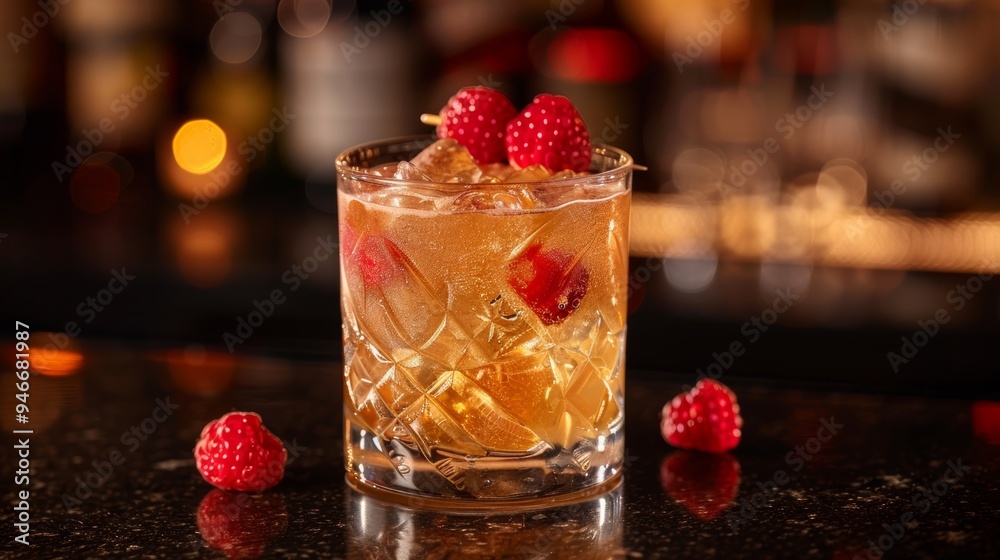 A refreshing cocktail garnished with raspberries sits on a bar counter illuminated by soft lighting in a trendy lounge A refreshing cocktail garnished with raspberries sits on a bar counter illuminated by soft lighting in a trendy lounge