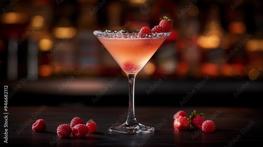 Cocktail served in a stylish martini glass garnished with fresh raspberries at a dimly lit bar during evening hours Cocktail served in a stylish martini glass garnished with fresh raspberries at a dimly lit bar during evening hours