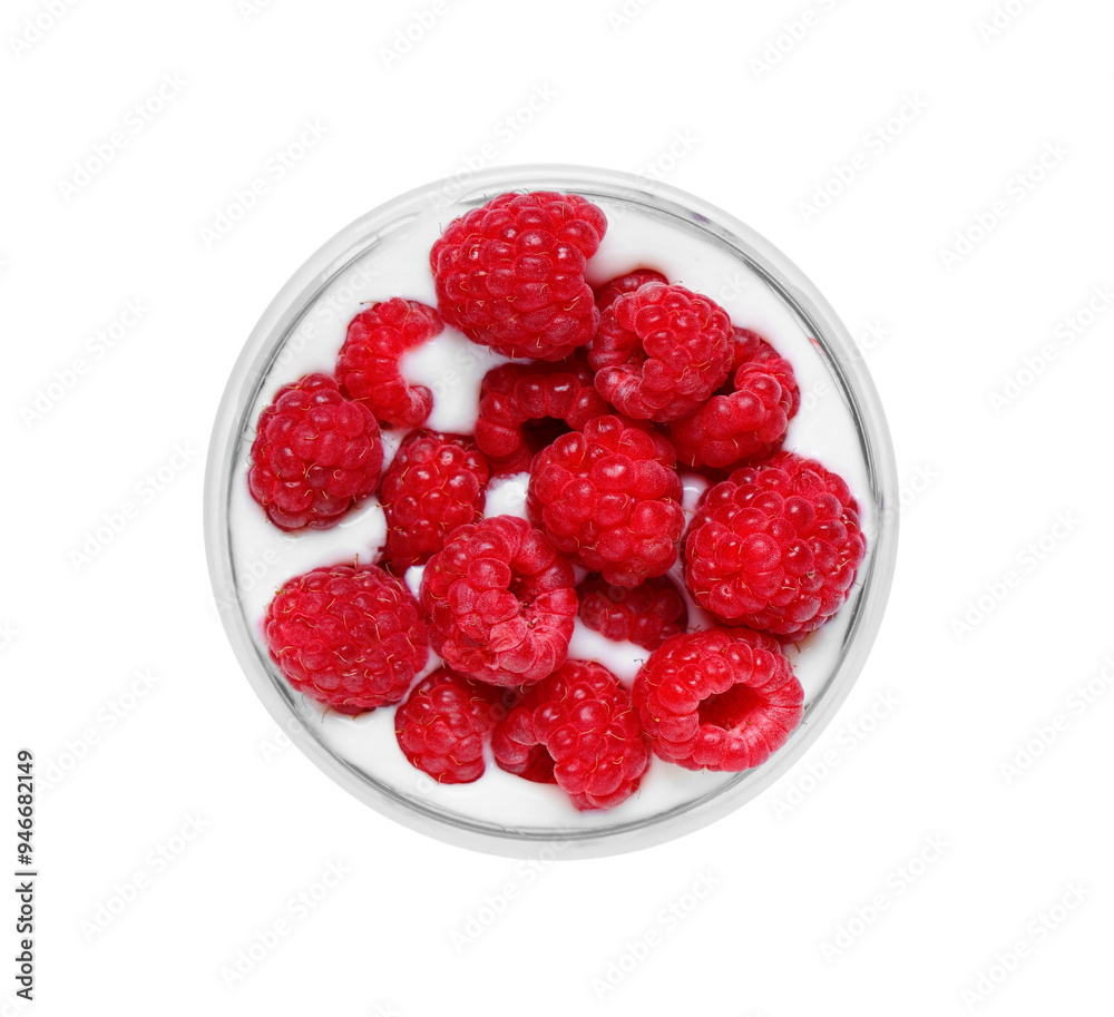 Glass of tasty yogurt with fresh raspberries on white background Glass of tasty yogurt with fresh raspberries on white background