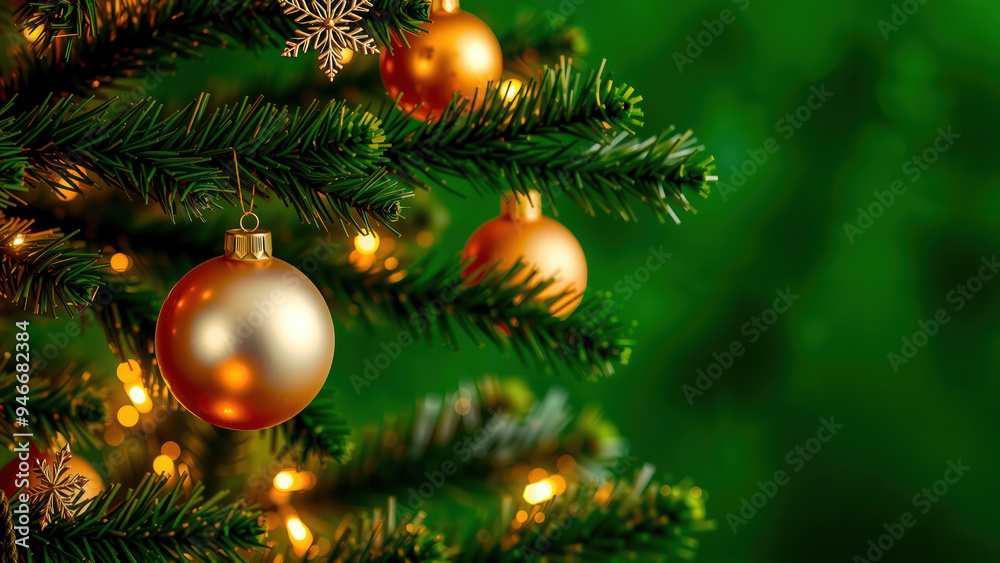 Golden Christmas ornaments hanging on a green tree Golden Christmas ornaments hanging on a green tree