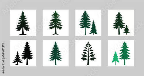 Pine Tree Vector Color Line Art Silhouette Icon Logo Design.