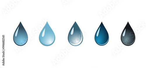realistic vector water drop or liquid droplet set on white. liquid 3d drop icon set for water, oil, tear, rain, drinking water, wash etc conceptual use.