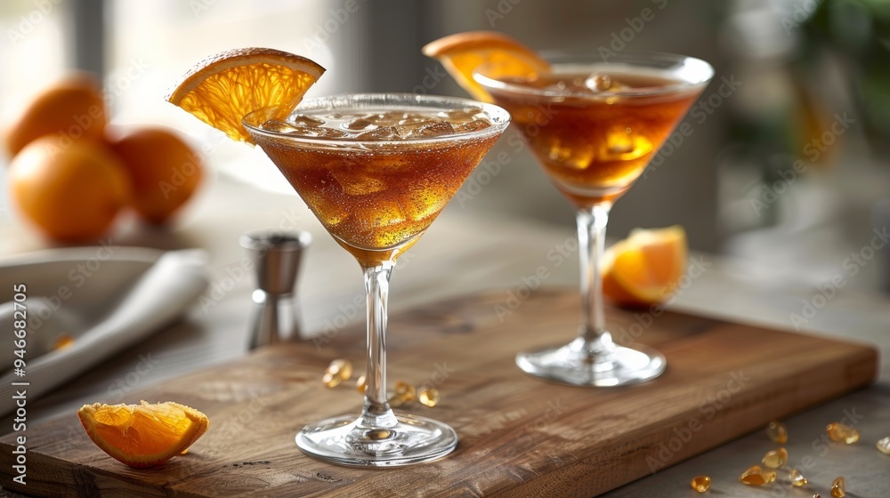 Refreshing cocktails with orange garnishes served on a wooden board in a sunlit kitchen setting during the afternoon Refreshing cocktails with orange garnishes served on a wooden board in a sunlit kitchen setting during the afternoon
