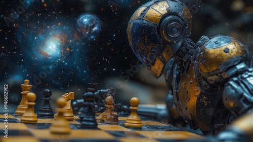 cosmic chess match between humanoid robot and ethereal being of light surreal space backdrop with swirling galaxies and floating chess pieces photo