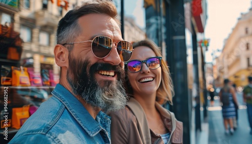 Smiling couple enjoying city shopping, man with beard and sunglasses, wife with glasses, woman ahead with brown bag, abstract store windows, urban setting.