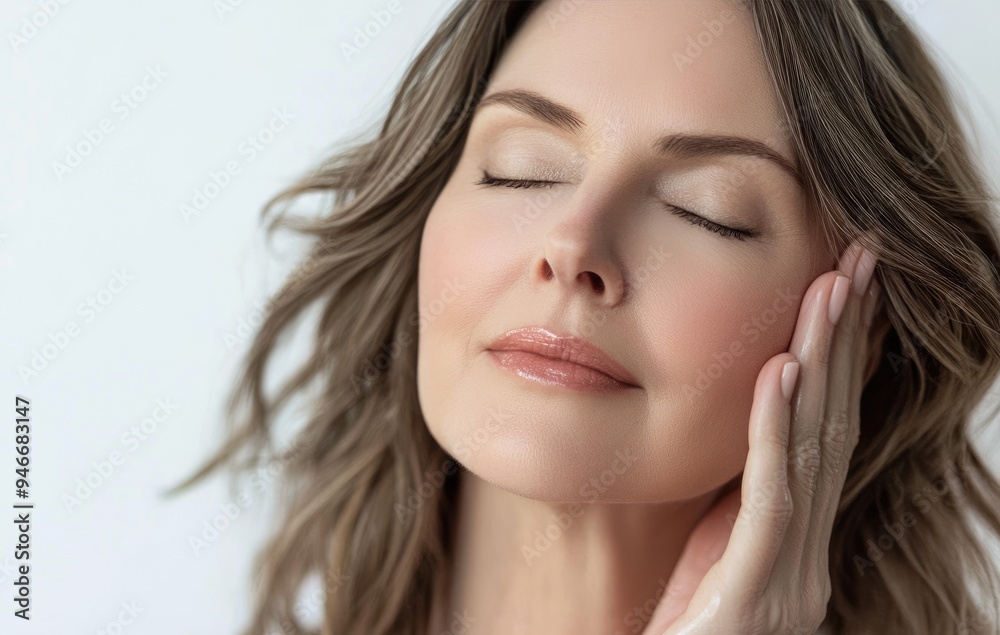 Middle aged woman with brown hair touching her face, eyes closed, smiling, shot on white background with copy space in light pink and beige tones, for advertising a cosmetic product Middle aged woman with brown hair touching her face, eyes closed, smiling, shot on white background with copy space in light pink and beige tones, for advertising a cosmetic product