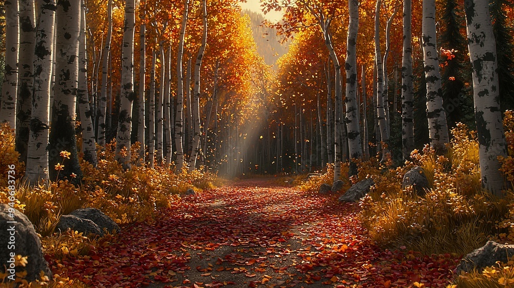 Fototapeta premium A forest trail illuminated by sunlight filters through the leaves