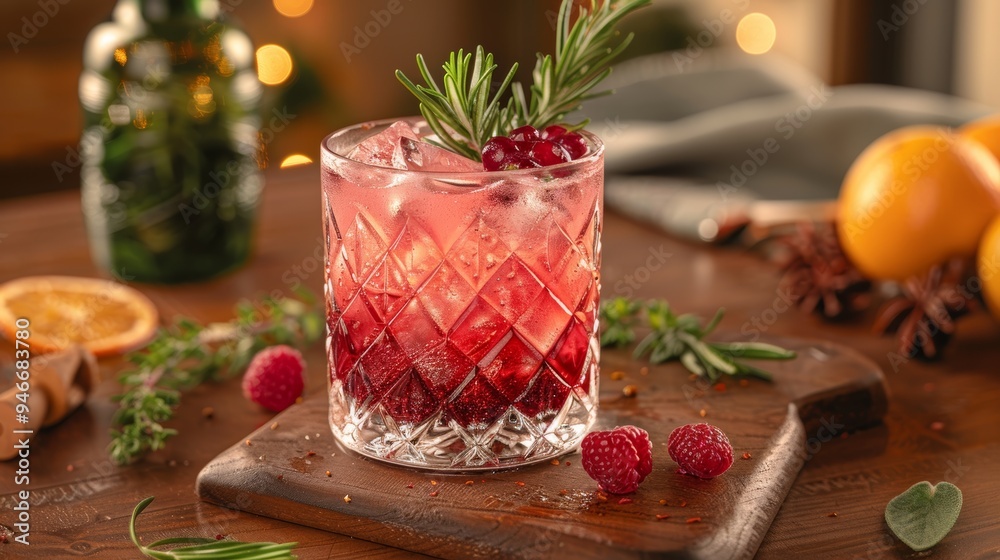 Refreshing cocktail garnished with rosemary and berries served on a wooden board in a cozy setting during the evening