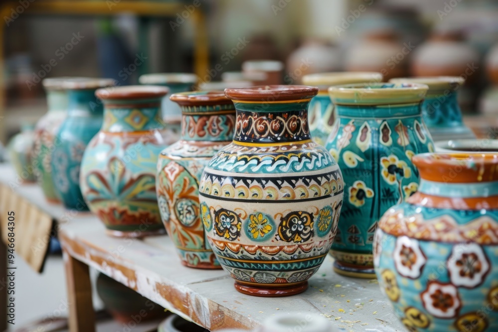 Hand-painted ceramic vases with intricate patterns displayed in a pottery workshop. Traditional craftsmanship and cultural heritage concept. Generative AI Hand-painted ceramic vases with intricate patterns displayed in a pottery workshop. Traditional craftsmanship and cultural heritage concept. Generative AI