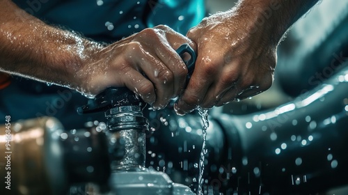 Detailed view of a plumber s hands repairing a pipe, water droplets, and tools in focus, service and maintenance