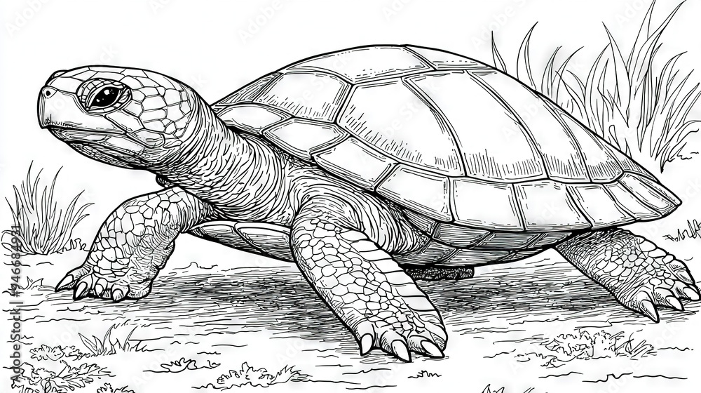 Fototapeta premium A black-and-white drawing portrays a turtle resting on the ground amidst lush grass and weeds in the background
