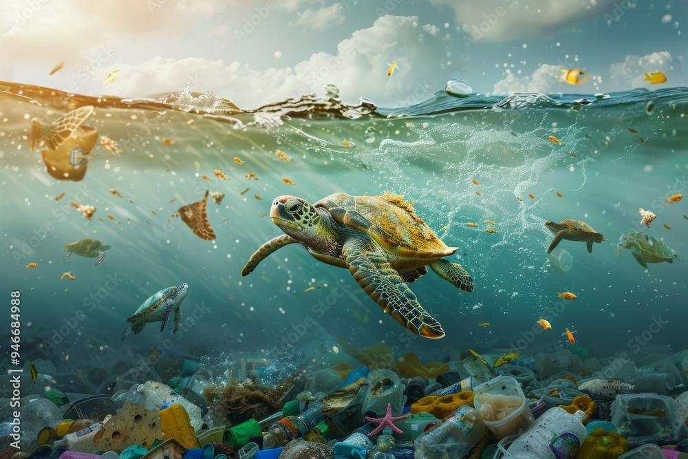 Sea turtles swimming in polluted ocean water with plastic waste and ...