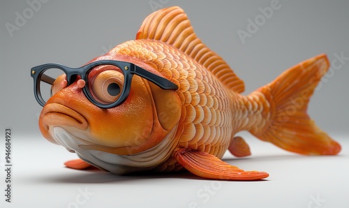 An unusual goldfish with large glasses, demonstrating comicality and uniqueness. photo