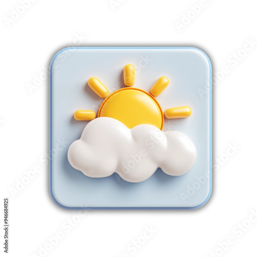 A 3D icon representing a sun partially covered by a cloud, displayed on a blue square button photo