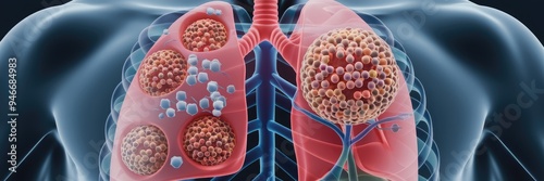 3D Illustration of Primary Lung Tuberculosis Showcasing Ghon Complex and Mediastinal Lymphadenitis. photo