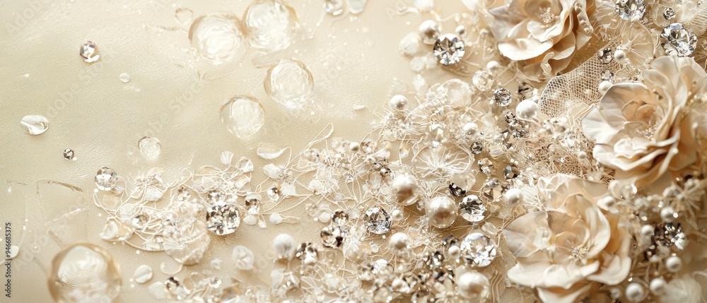 Close-up of an ivory fabric decorated with pearls, rhinestones, and lace Close-up of an ivory fabric decorated with pearls, rhinestones, and lace
