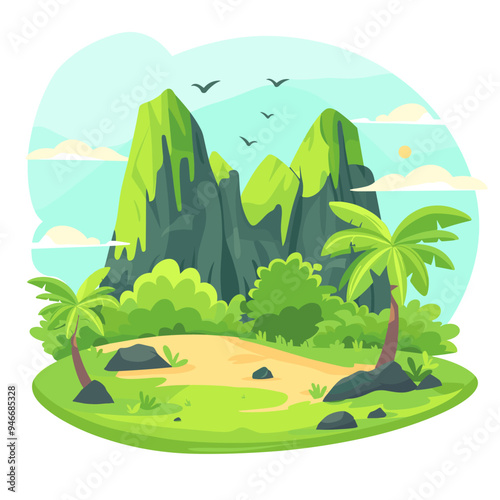 Tropical island with palm trees and rocks. Vector cartoon illustration