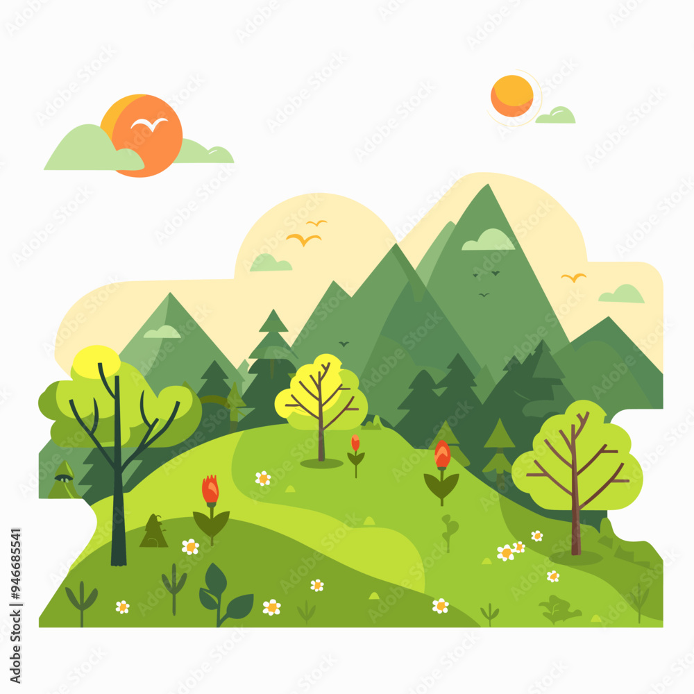 Obraz premium Landscape with mountains, trees and flowers. Vector illustration in flat style