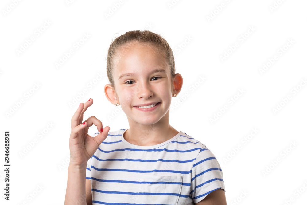 Young beautiful european caucasian smiling girl showing OK sign isolated on white background Young beautiful european caucasian smiling girl showing OK sign isolated on white background