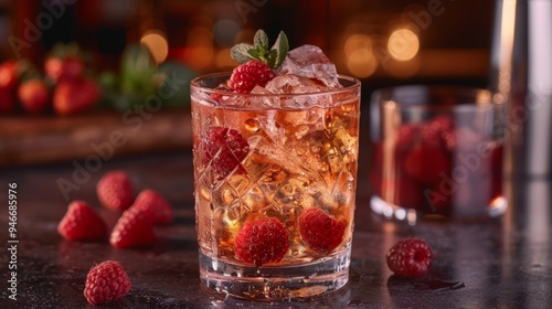 Refreshing raspberry cocktail garnished with mint leaves placed on a rustic table with fresh raspberries in the background