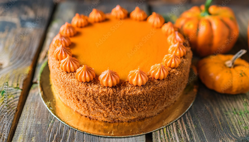 Halloween cake decorated with orange cream and pumpkins. Sweet food. Festive dessert. Halloween cake decorated with orange cream and pumpkins. Sweet food. Festive dessert.