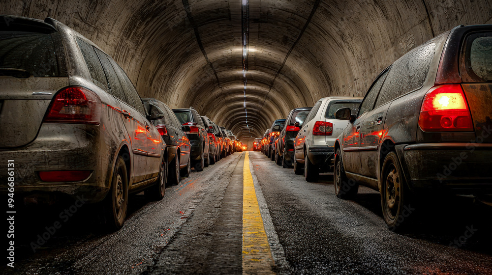 Endless Traffic Jam: A Long Line of Cars Stuck on the Highway Caused by a Construction Site Disrupting the Flow of Traffic Indefinitely