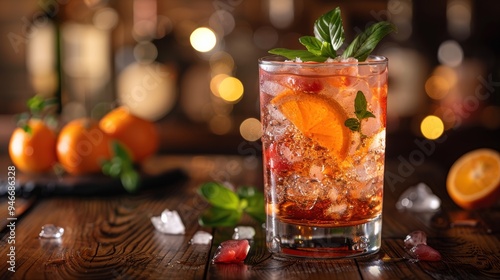 Refreshing cocktail garnished with orange and mint served in a glass surrounded by vibrant bar atmosphere during the evening