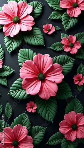 A dark background with vibrant pink and green flowers