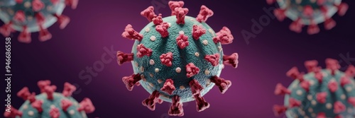 Conceptual representation of a highly infectious virus featuring spike proteins, including variants similar to corona, influenza, and retroviruses. photo