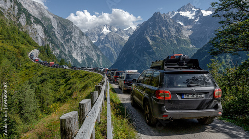 Endless Traffic Jam: A Long Line of Cars Stuck on the Highway Caused by a Construction Site Disrupting the Flow of Traffic Indefinitely