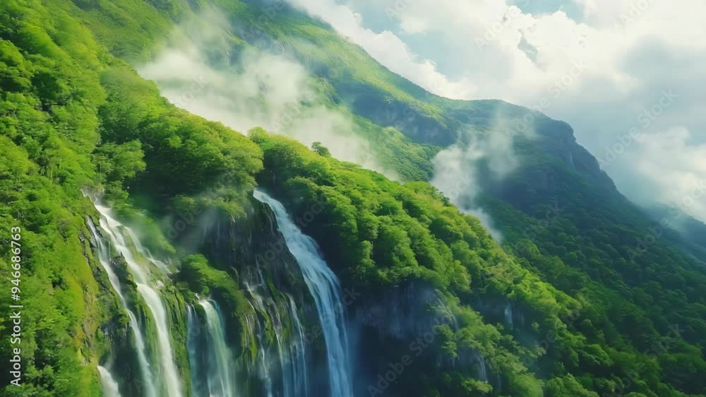 top view drone perspective of a majestic tall waterfall in nature landscape surround with green lush forest top view drone perspective of a majestic tall waterfall in nature landscape surround with green lush forest