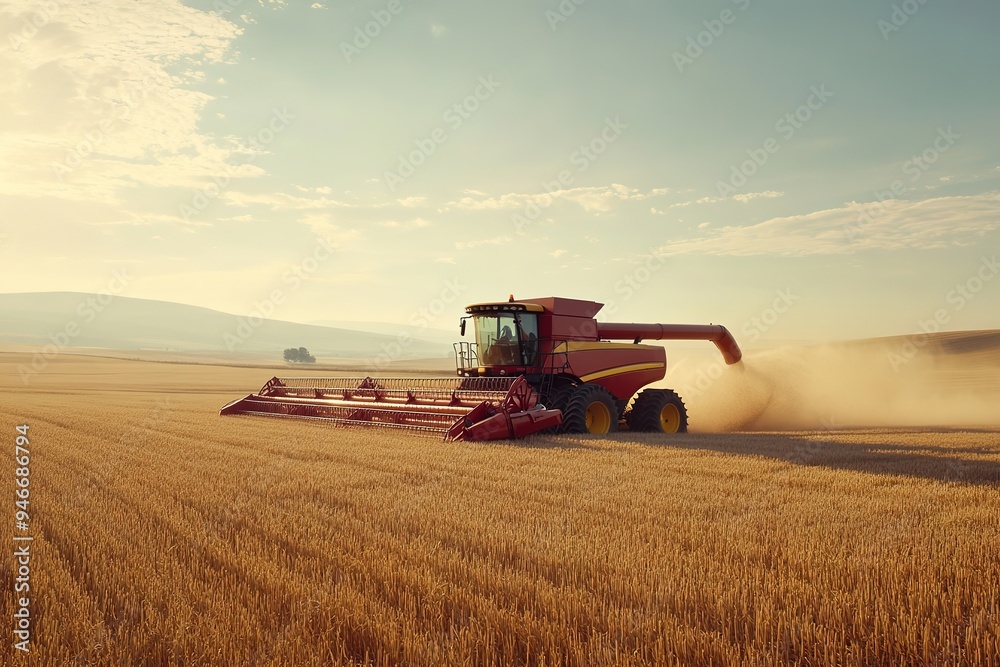 Fototapeta premium Harvester machine working in wheat field during harvest