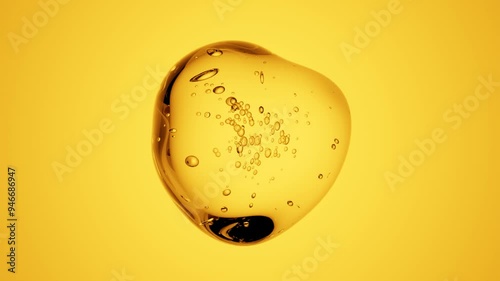 Clear liquid drop with little air bubbles inside on an orange  background. Abstract 3d Animation for Science and Cosmetics Motion Design